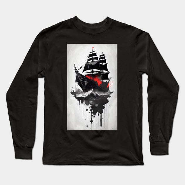 Ink Style Pirate Ship Long Sleeve T-Shirt by Voodoo Production